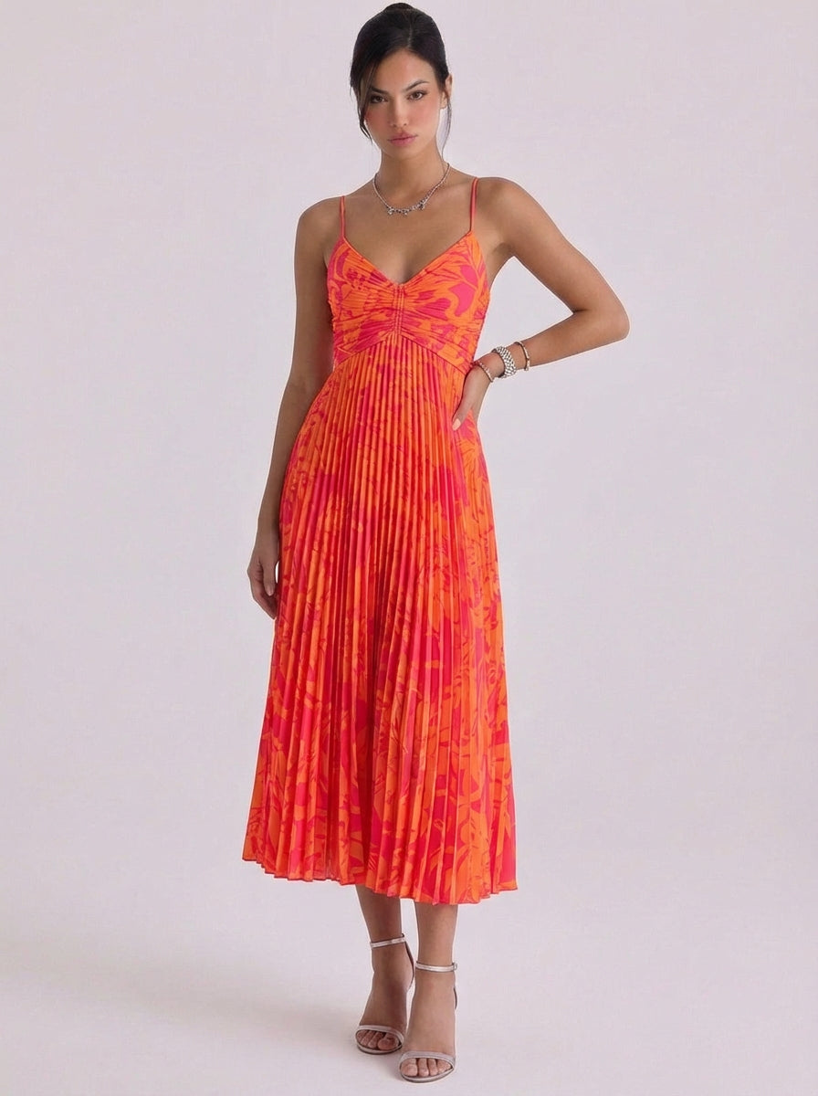 Satin Floral Print Pleated Midi Dress