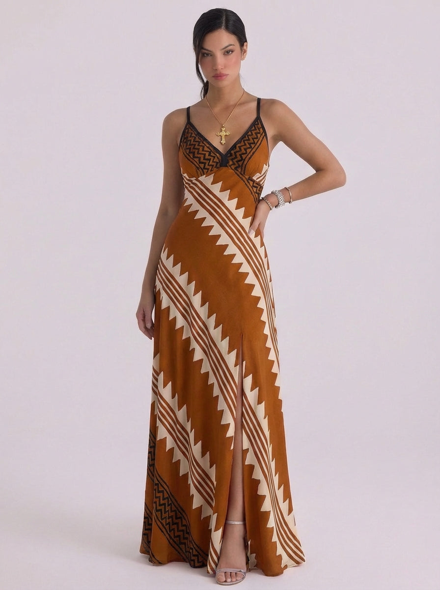 Satin Geometric Print Maxi Dress With High Slit