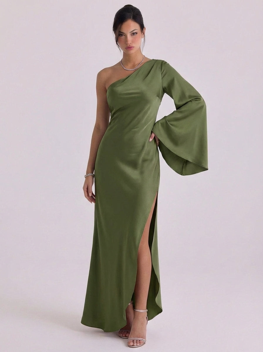 Satin One Shoulder Bell Sleeve Gown High Slit