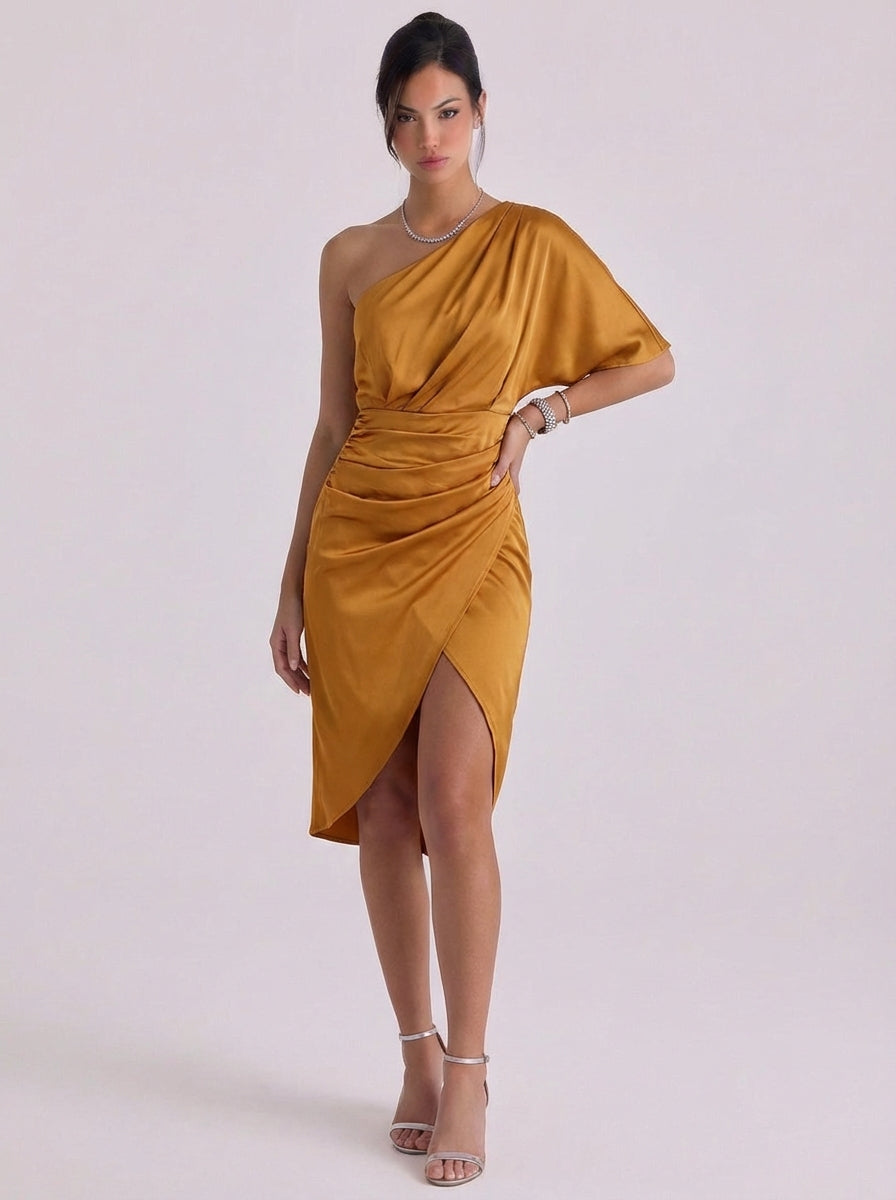 Satin One Shoulder Midi Dress With Draped Detail