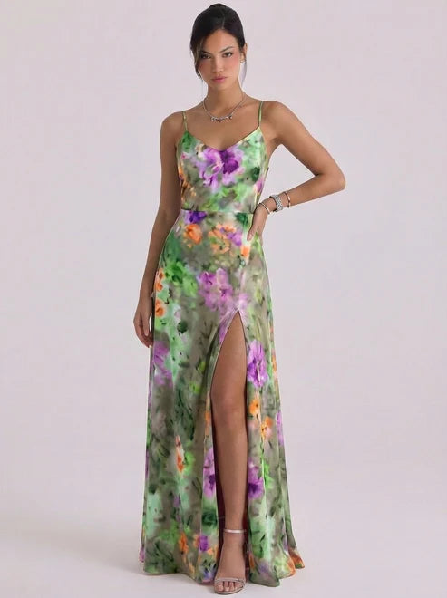 Satin Wrap Floral Maxi Dress High Slit Cami Strap