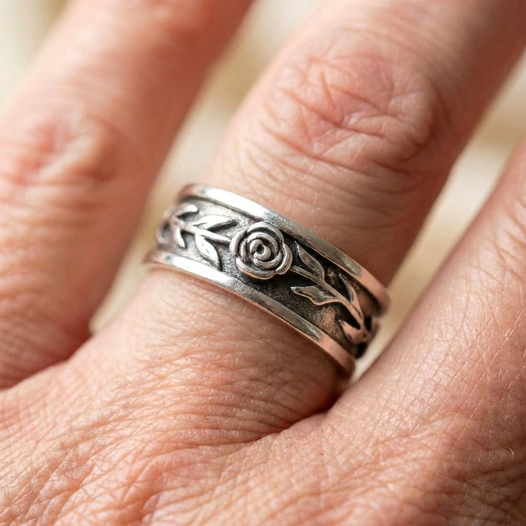 Silver Floral Engraved Statement Ring