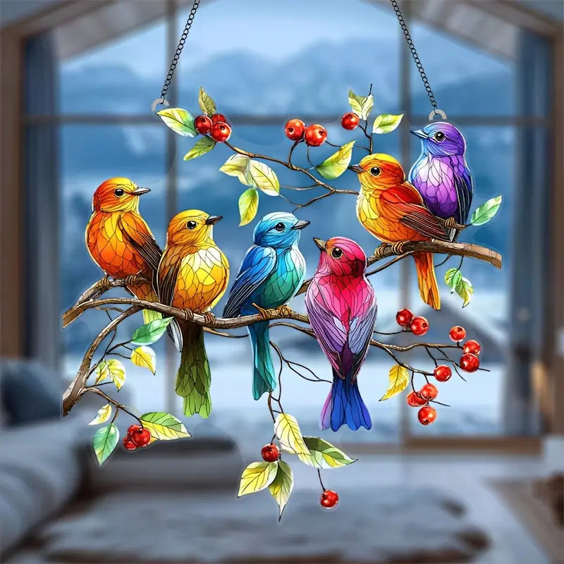 Six Colorful Birds Berry Branch Suncatcher