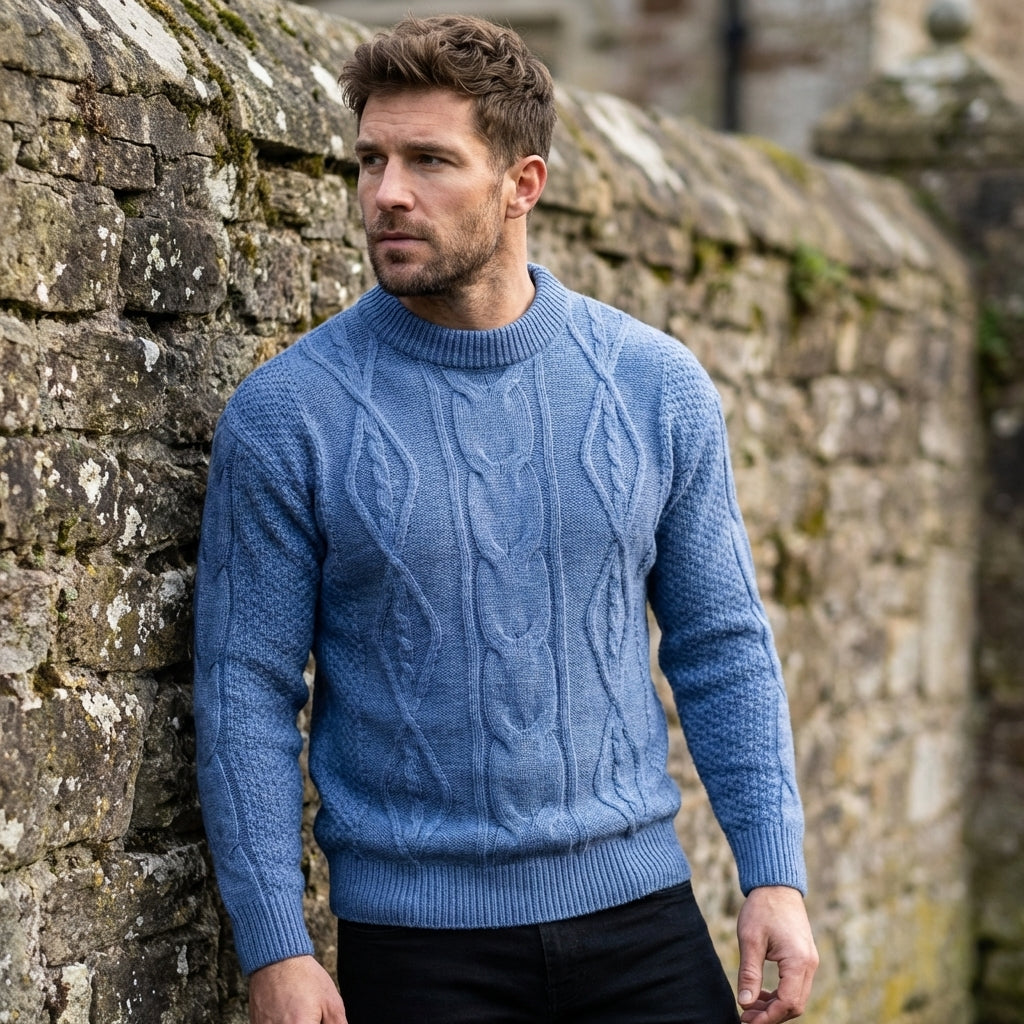 Slate Blue Aran Cable Knit Crewneck