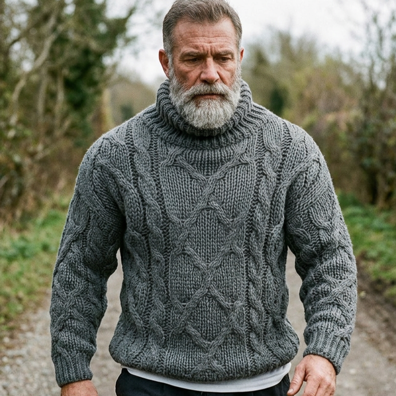 Slate Grey Chunky Aran Cable Knit Turtleneck