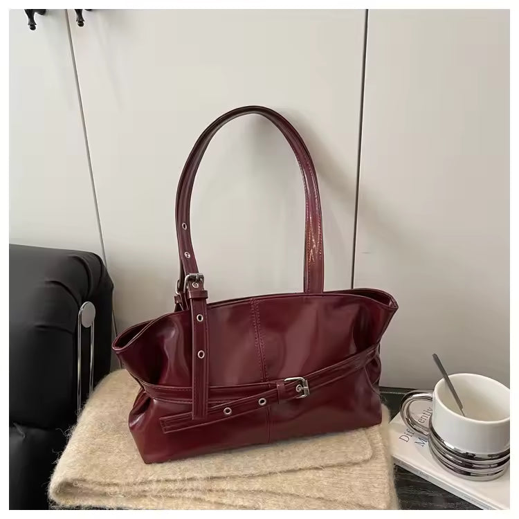 Slouchy Leather Shoulder Bag – Retro Belted Buckle Tote With Eyelet Strap Detail