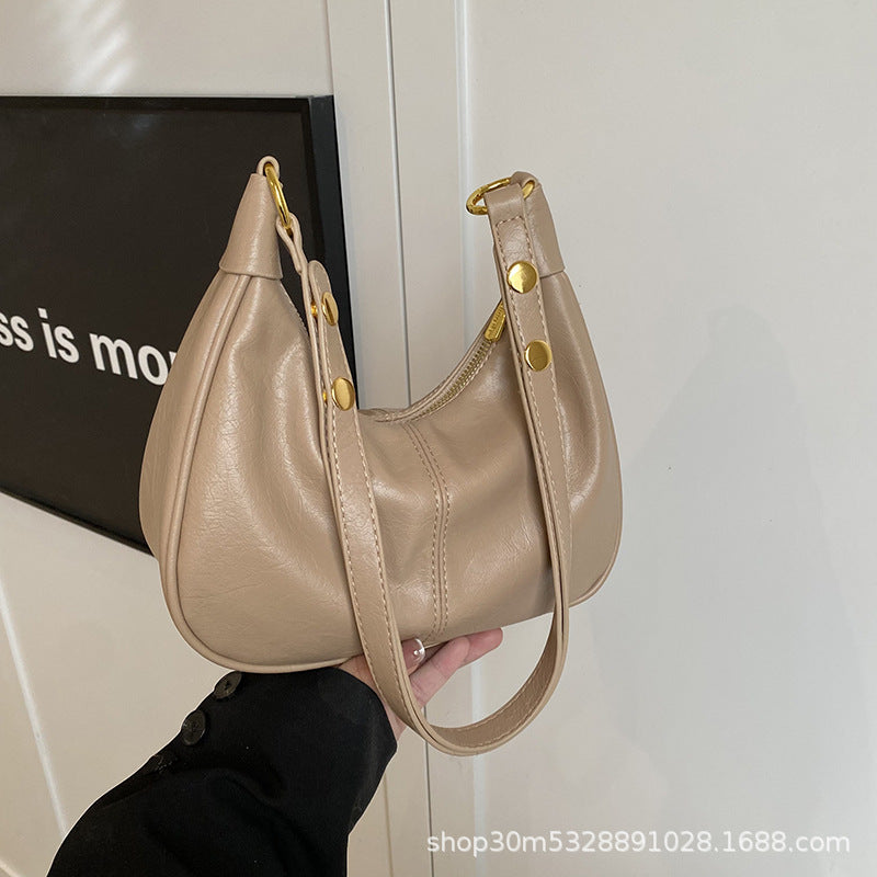 Soft Leather Crescent Shoulder Bag – Adjustable Strap Zip Hobo Purse With Gold