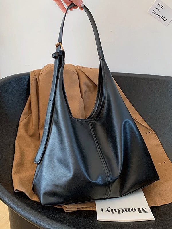 Soft Leather Oversized Slouch Shoulder Bag – Minimalist Wide Strap Hobo Tote