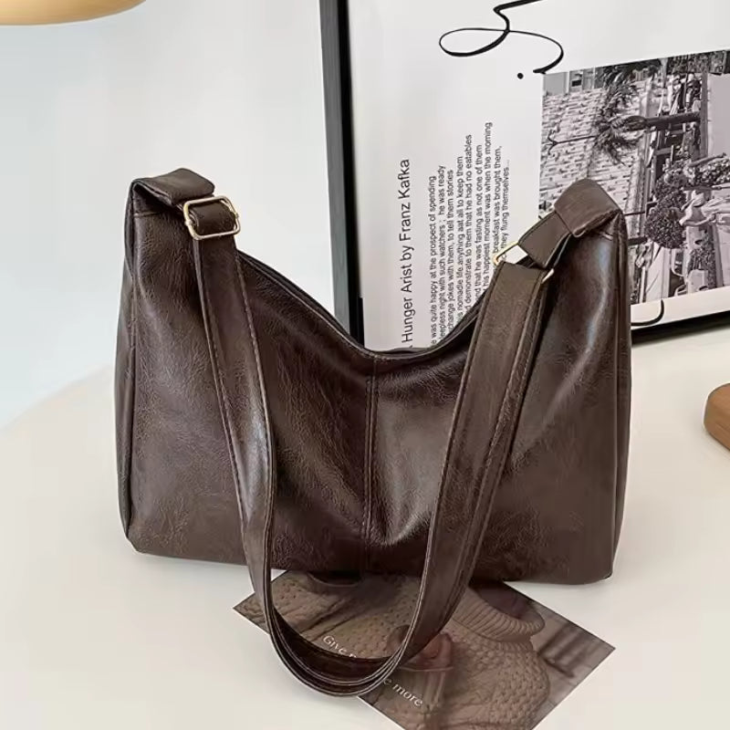 Soft Leather Slouch Shoulder Bag – Minimalist Half Moon Hobo Crossbody Purse