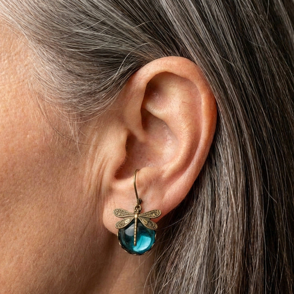 Spherical Dragonfly Earrings In Antique Gold