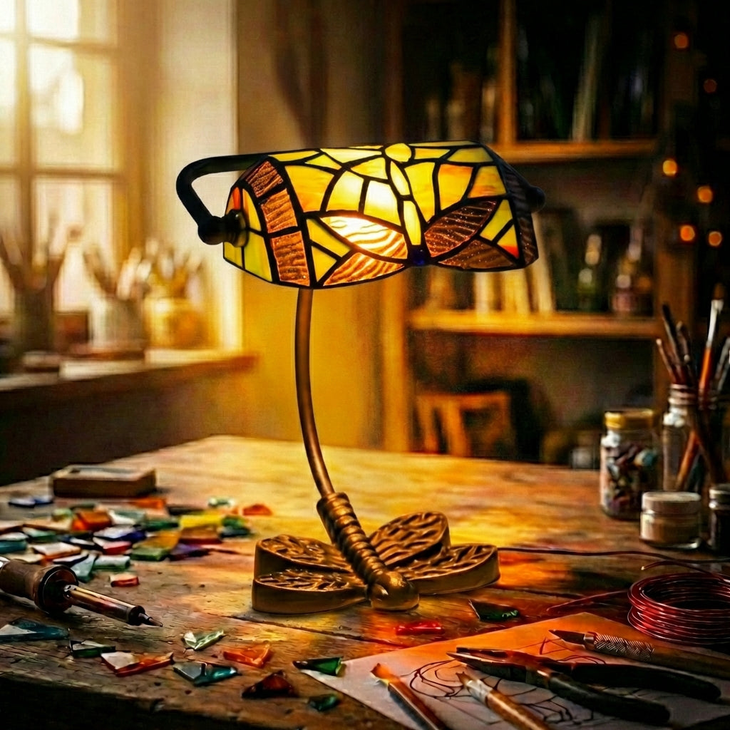 Stained Glass Bee Banker'S Lamp Amber & Yellow