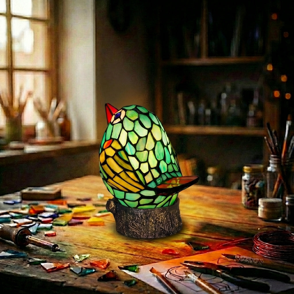 Stained Glass Bird Table Lamp Green & Yellow