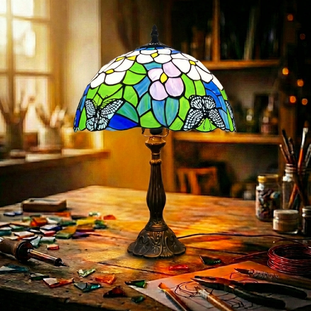 Stained Glass Butterfly & Flower Table Lamp Green & Blue