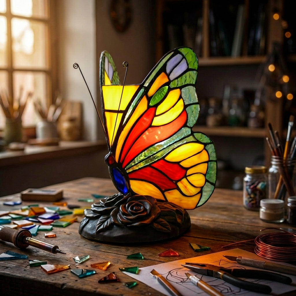 Stained Glass Butterfly Table Lamp Multicolor
