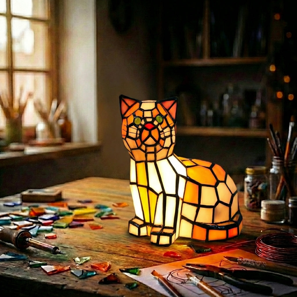 Stained Glass Cat Accent Lamp Orange Mosaic