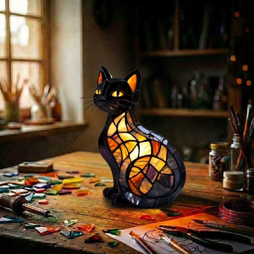 Stained Glass Cat Figurine Lamp Black & Amber