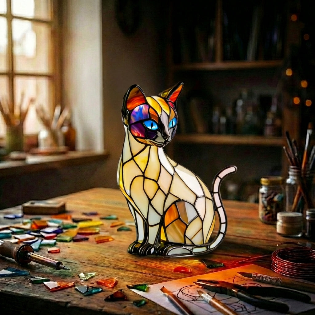 Stained Glass Cat Figurine Lamp Cream & Orange