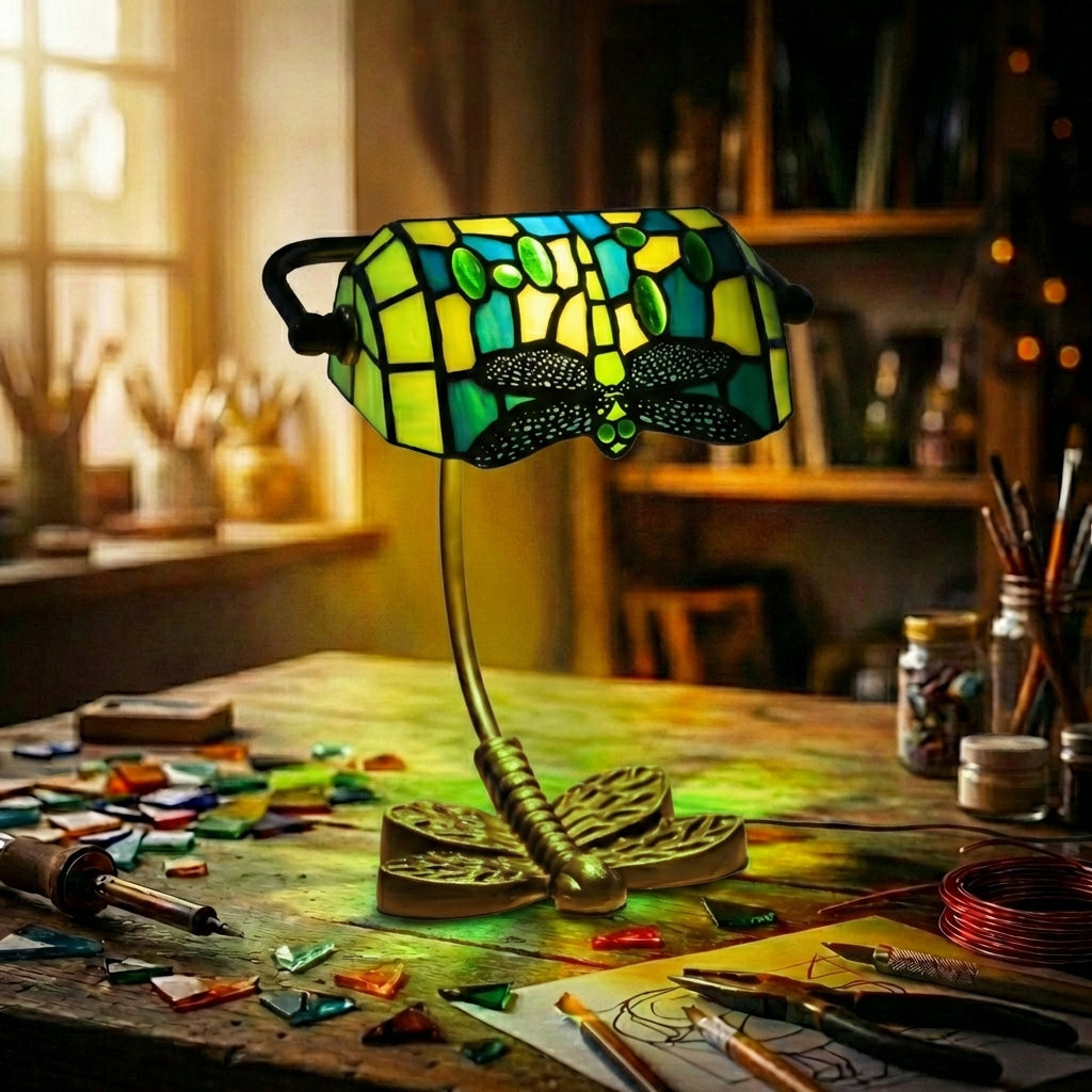 Stained Glass Dragonfly Banker'S Lamp Green & Teal