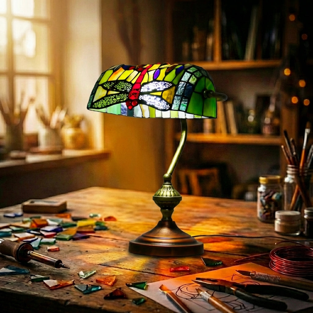 Stained Glass Dragonfly Banker'S Lamp Green & Yellow