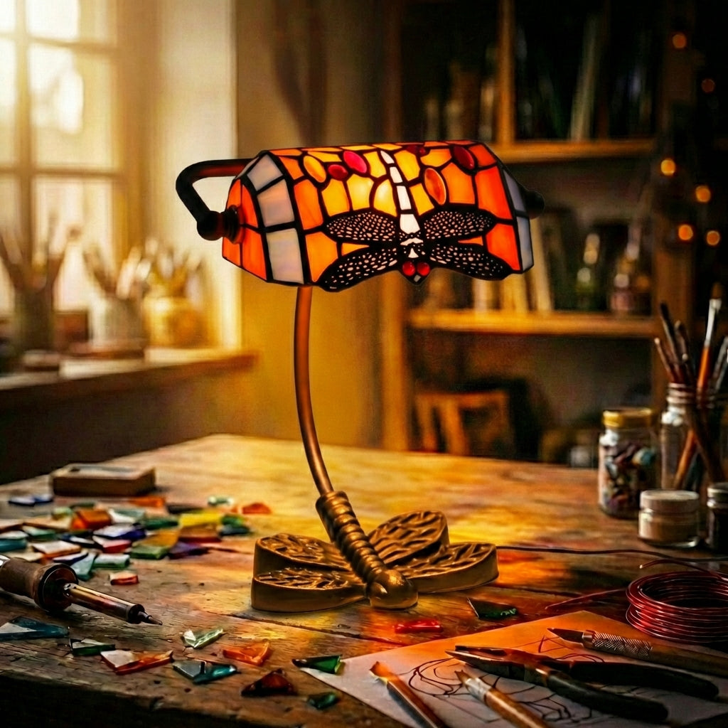 Stained Glass Dragonfly Banker'S Lamp Orange
