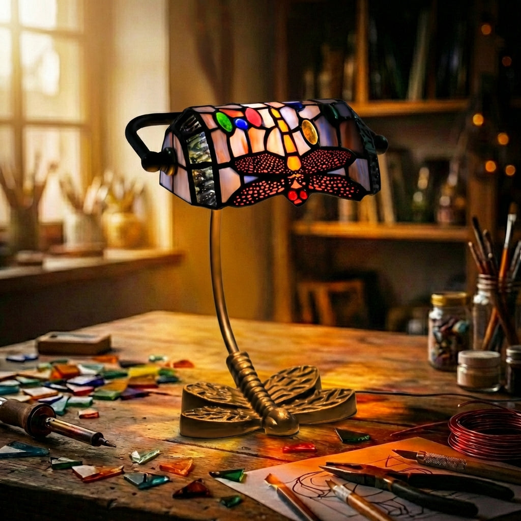 Stained Glass Dragonfly Banker'S Lamp Pink & Multicolor
