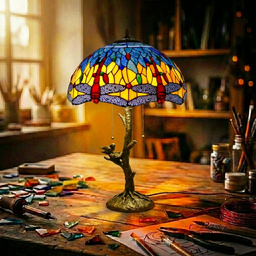 Stained Glass Dragonfly Table Lamp Blue & Yellow