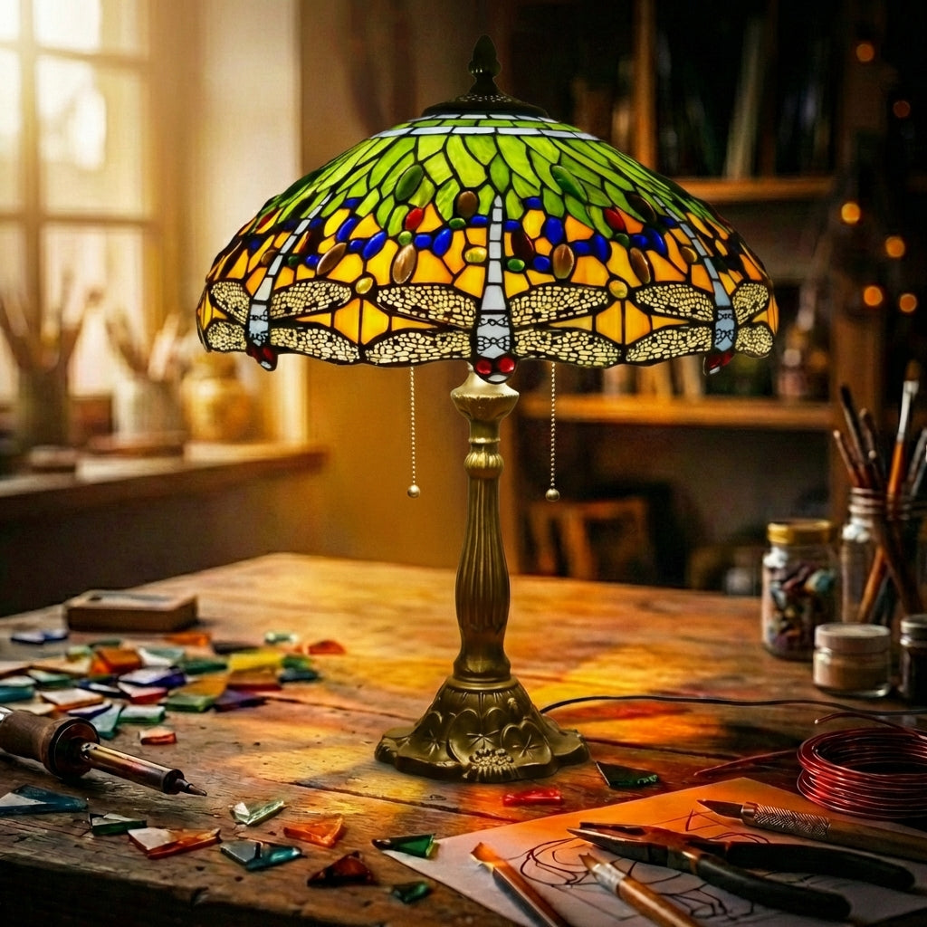 Stained Glass Dragonfly Table Lamp Green & Yellow