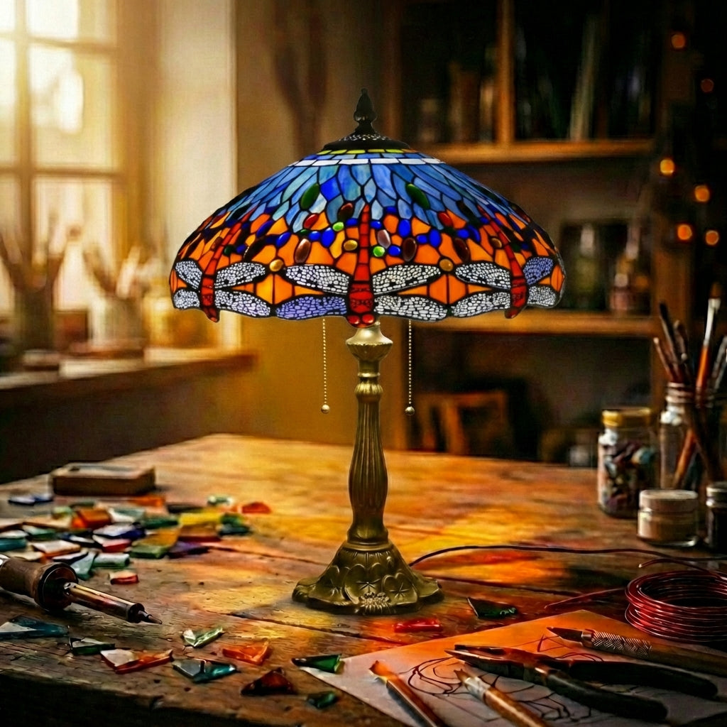Stained Glass Dragonfly Table Lamp Orange & Blue