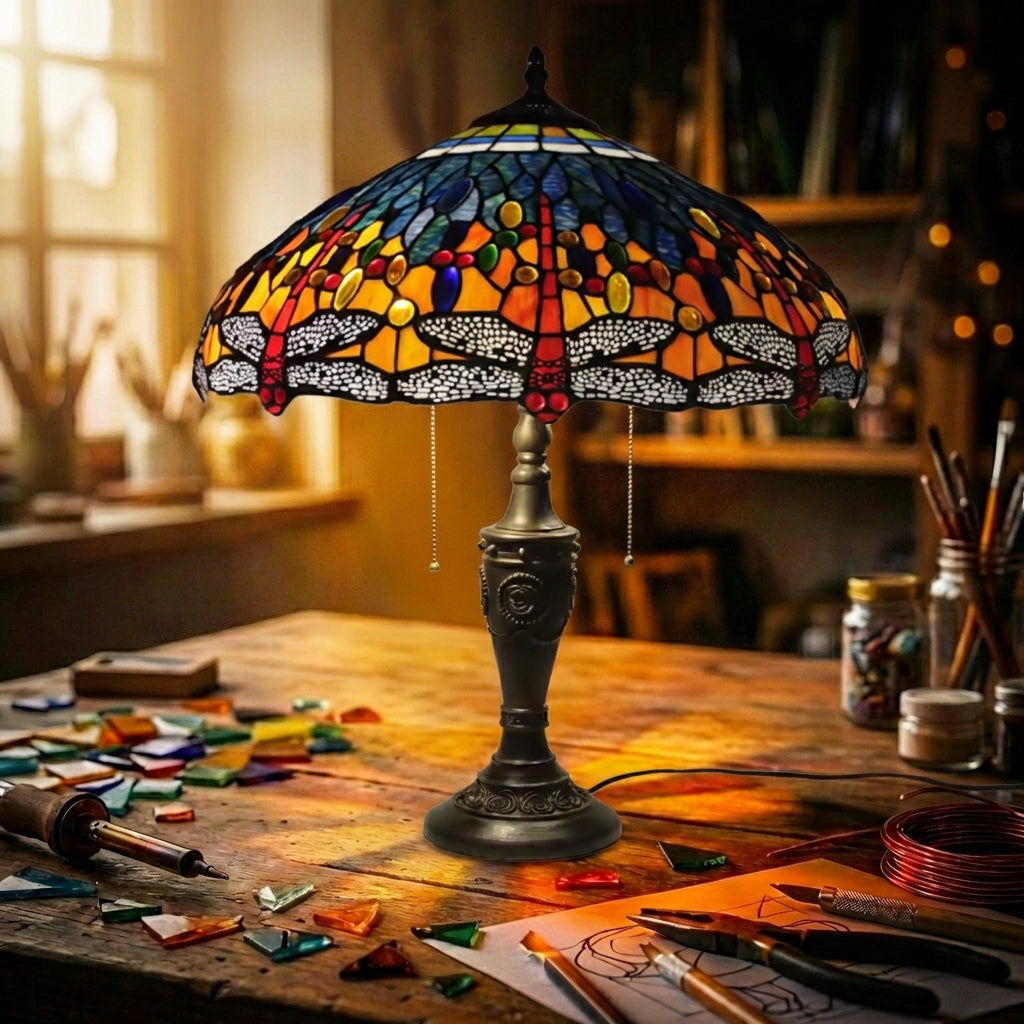 Stained Glass Dragonfly Table Lamp Orange & Navy
