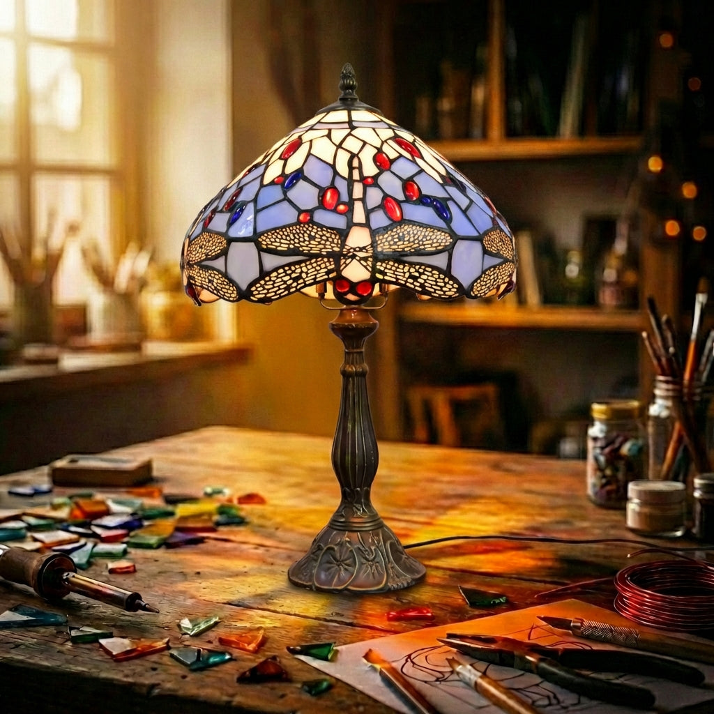 Stained Glass Dragonfly Table Lamp Purple & Blue
