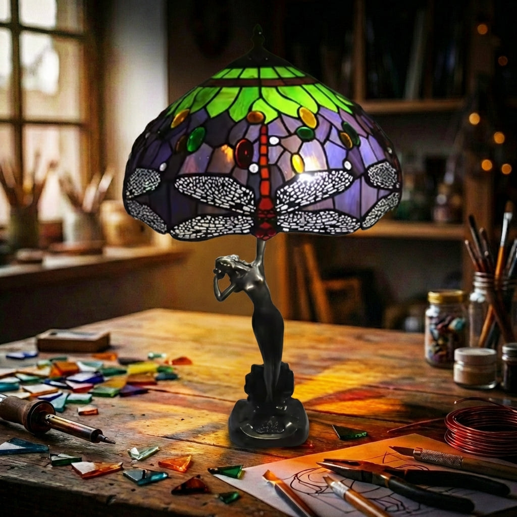 Stained Glass Dragonfly Table Lamp Purple & Green