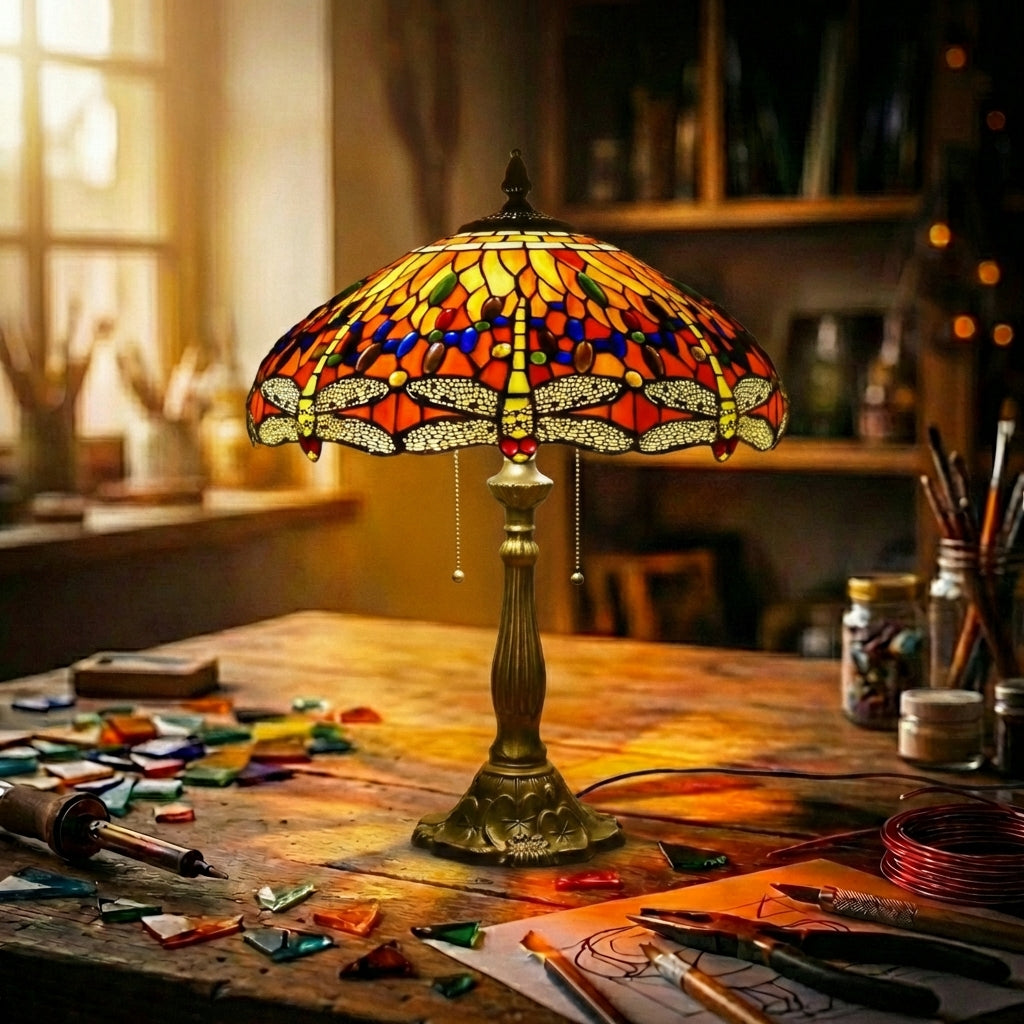 Stained Glass Dragonfly Table Lamp Warm Multicolor