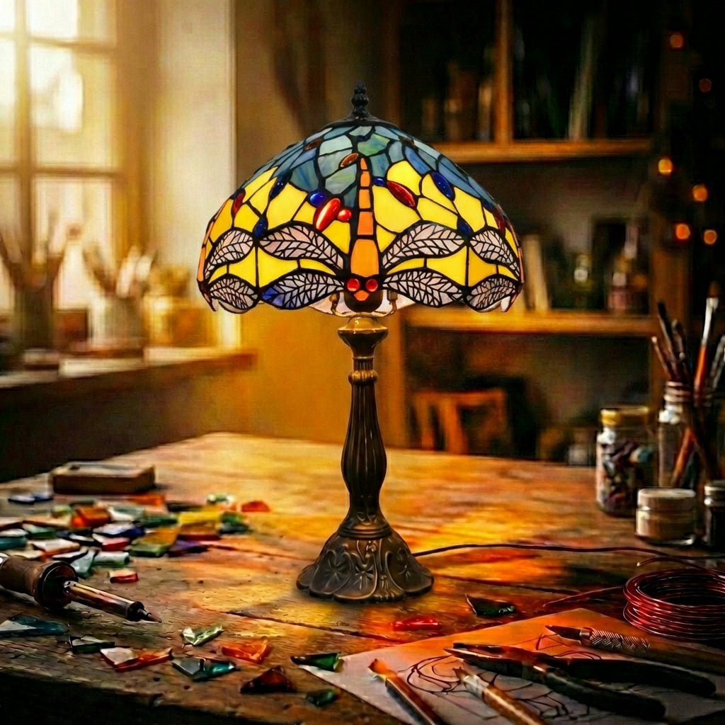 Stained Glass Dragonfly Table Lamp Yellow & Blue