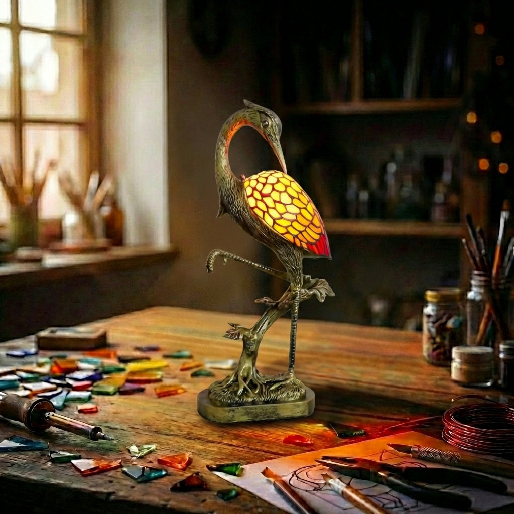Stained Glass Heron Bird Figurine Lamp Amber