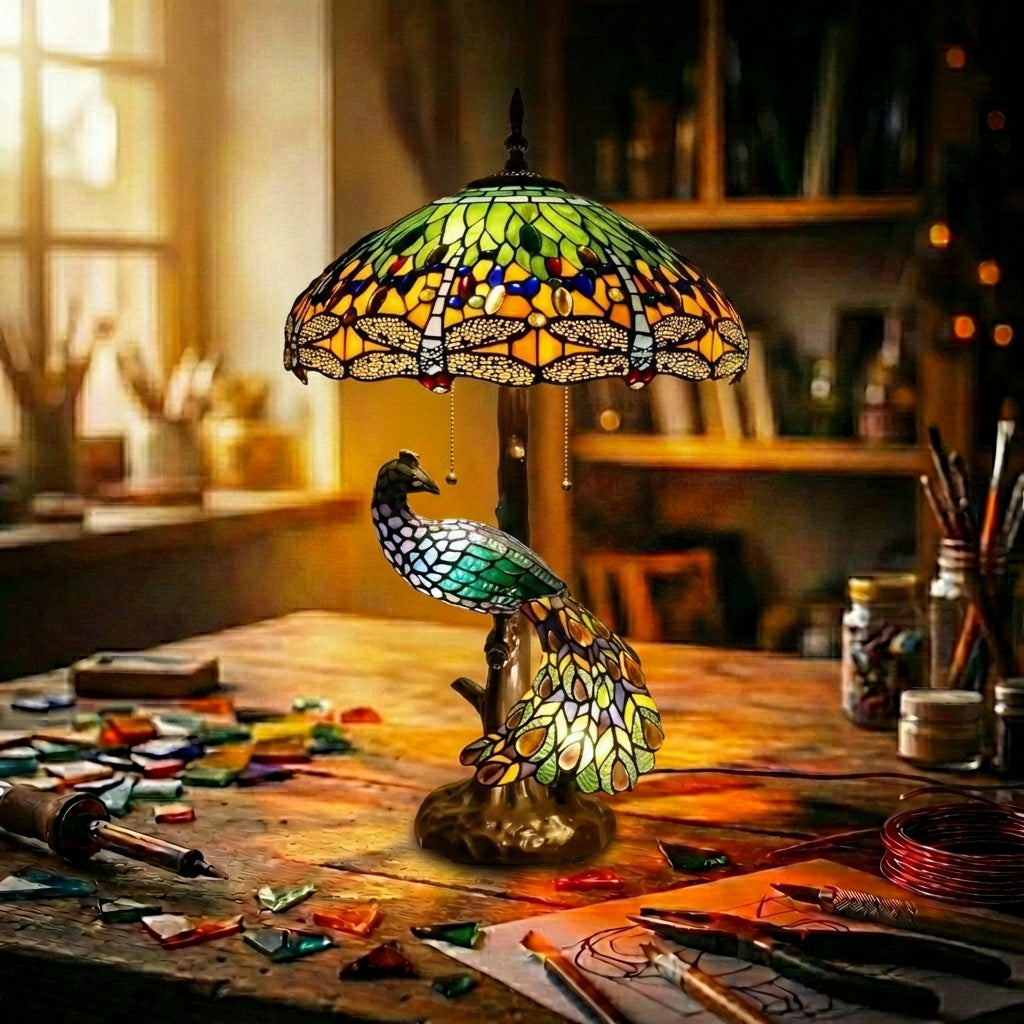 Stained Glass Peacock Table Lamp Dragonfly Shade Yellow