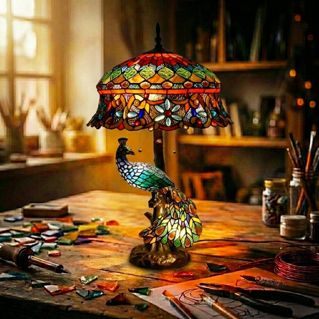 Stained Glass Peacock Table Lamp Floral Dome Multicolor