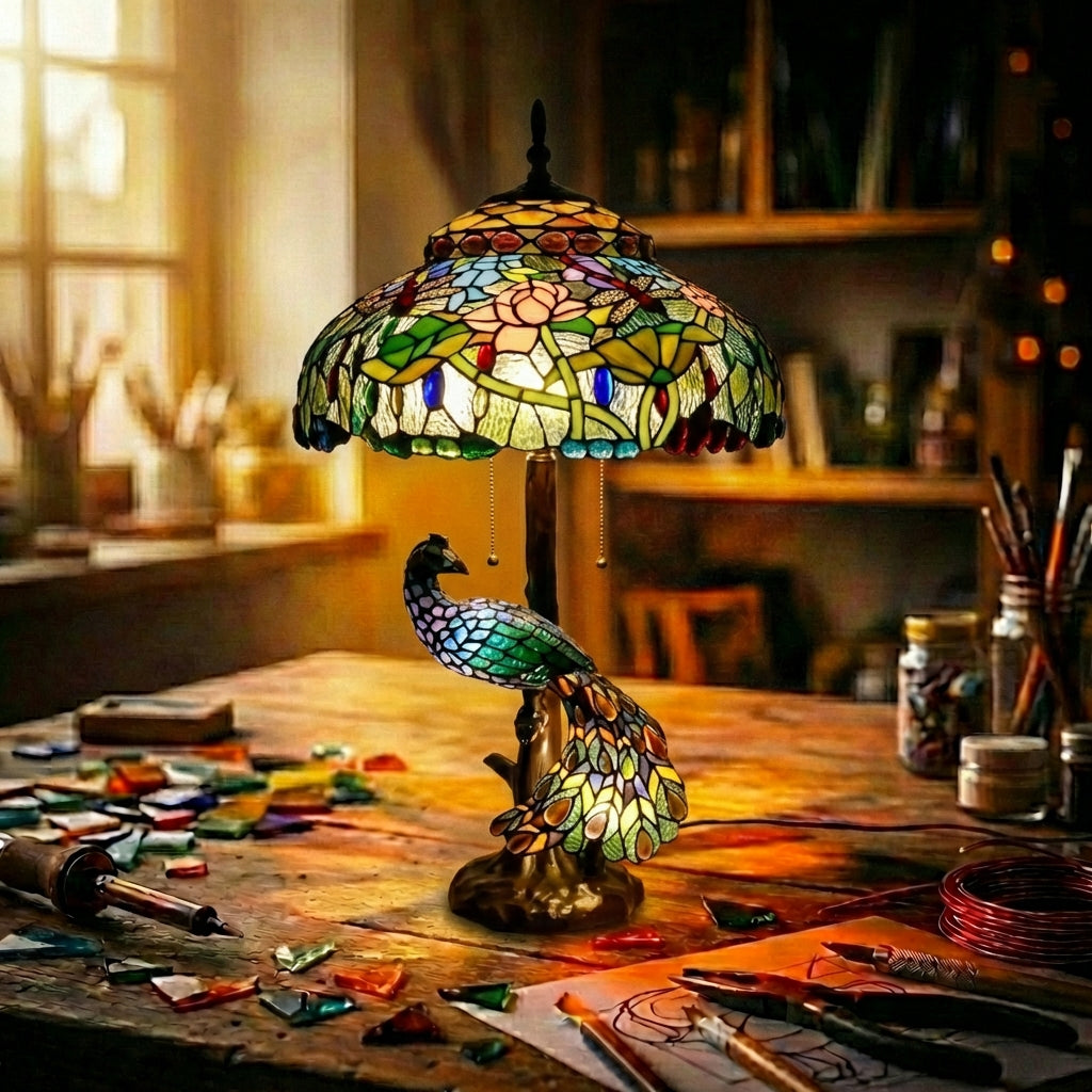 Stained Glass Peacock Table Lamp Floral Dome Victorian