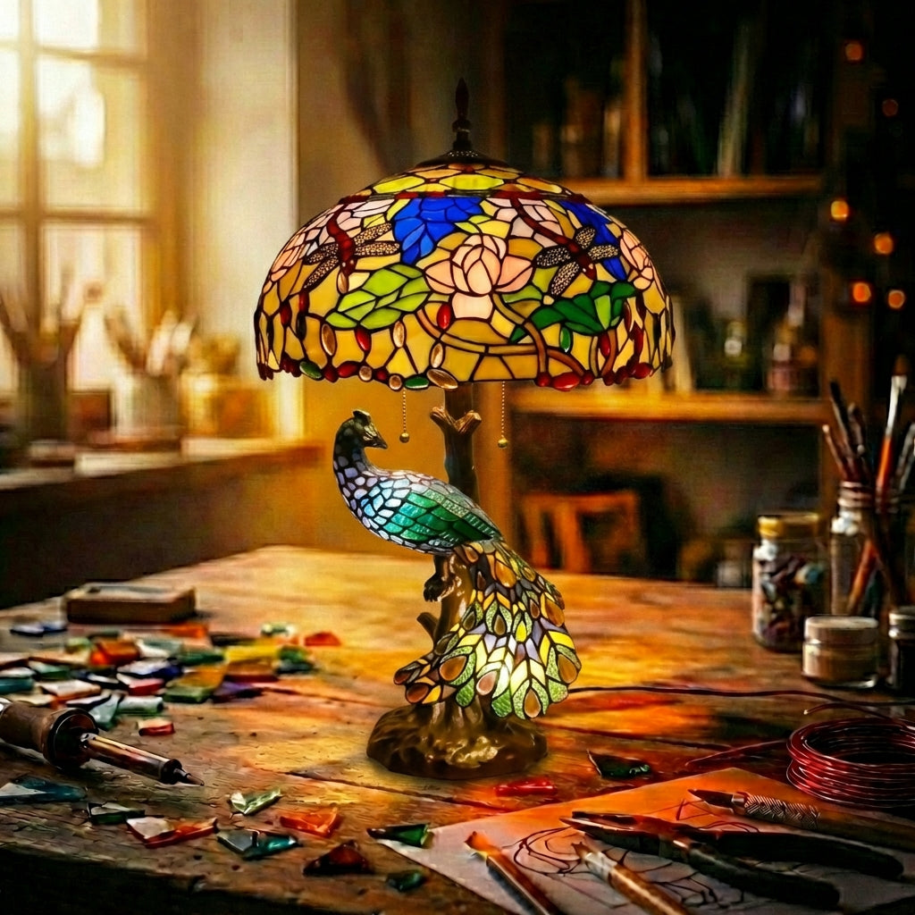 Stained Glass Peacock Table Lamp Lotus & Dragonfly Multicolor