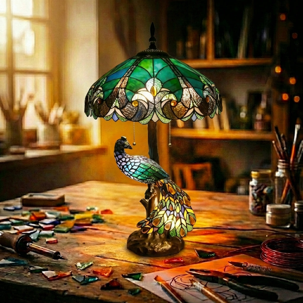 Stained Glass Peacock Table Lamp Victorian Green Shade