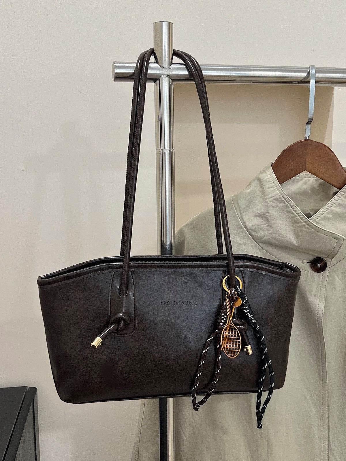 Structured Leather East West Shoulder Bag – Knot Rope Detail With Tassel Charm