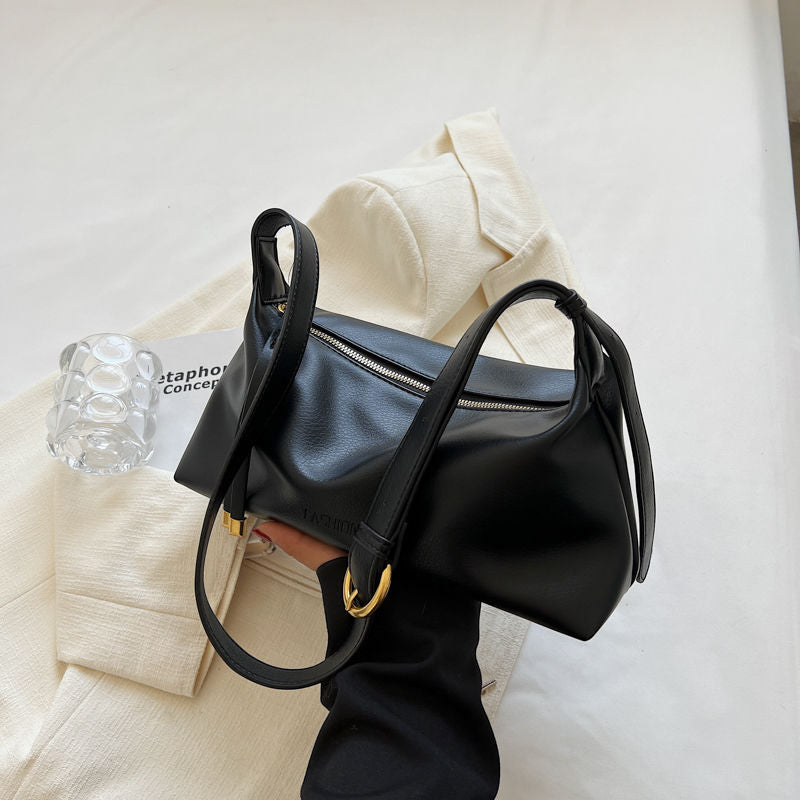 Structured Pebbled Leather Crossbody Bag – Top Handle Shoulder Bag With Gold Ring Strap