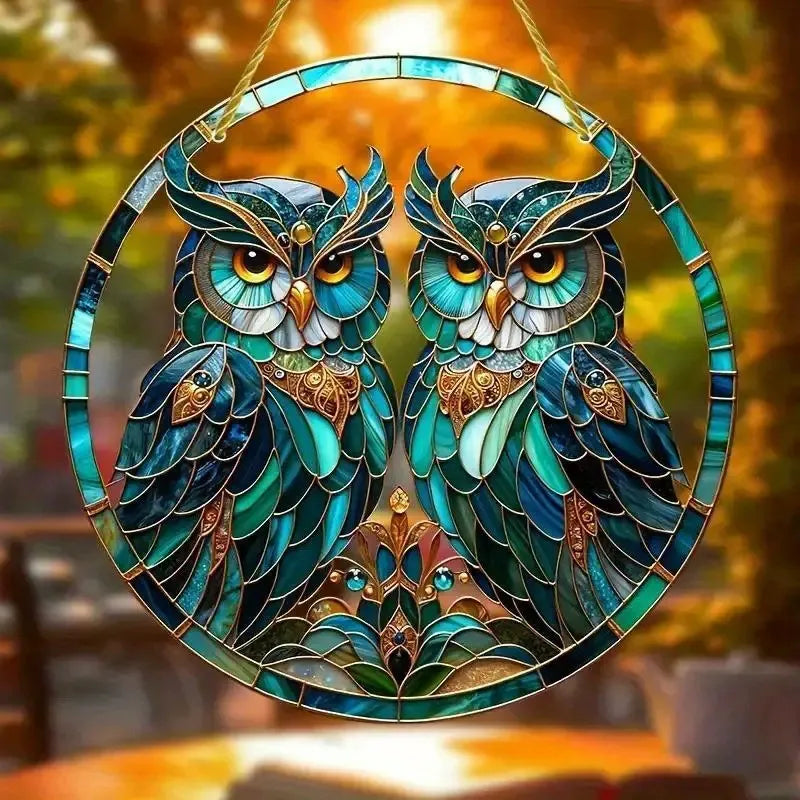 Teal Owl Duo Stained Glass Circle Suncatcher