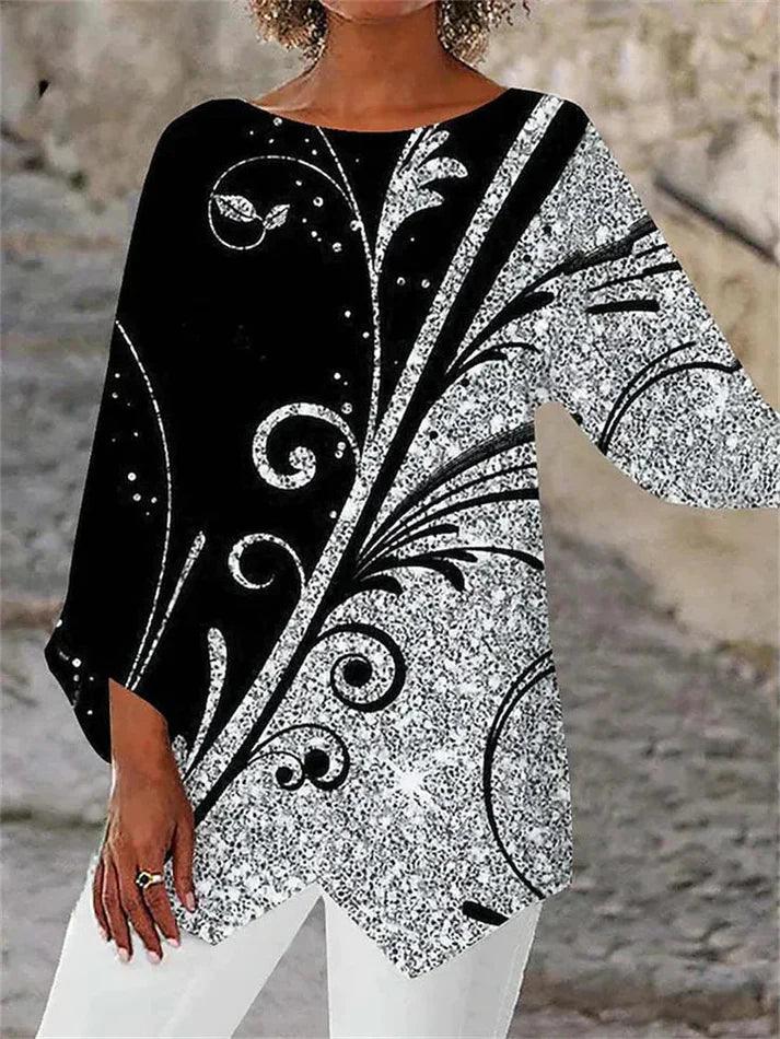Top Black With Silver Ornamental Vine Print