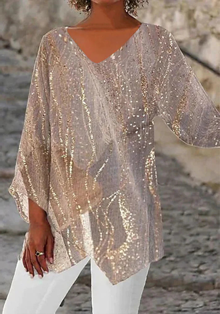 Top Champagne With Sequin & Sheer Overlay
