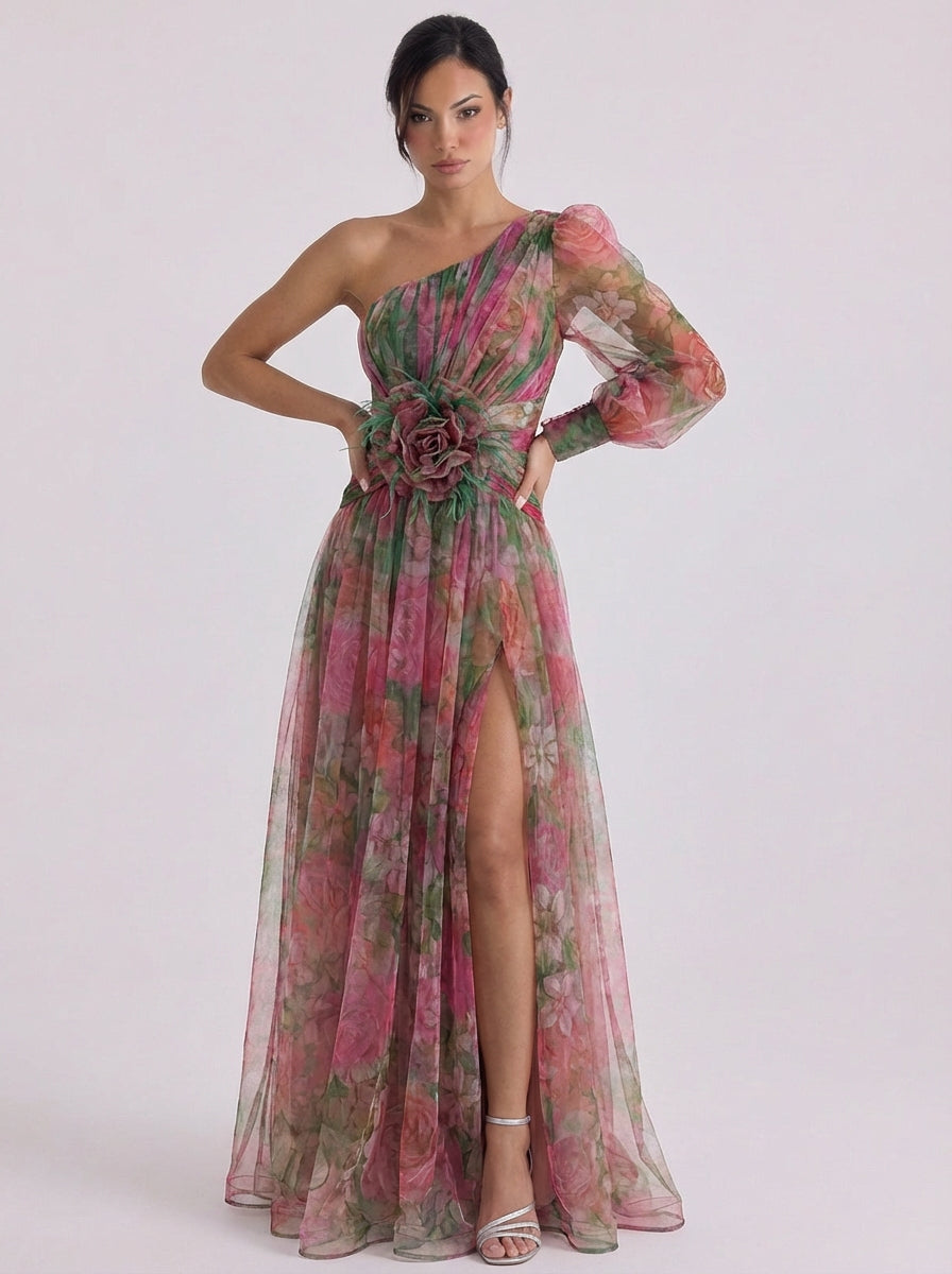 Tulle One Shoulder Ombre Maxi Dress With Rosette Belt