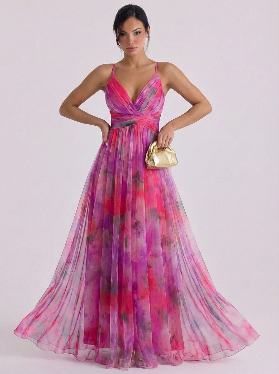 Tulle Pleated Ombre Maxi Dress With Crisscross Waist