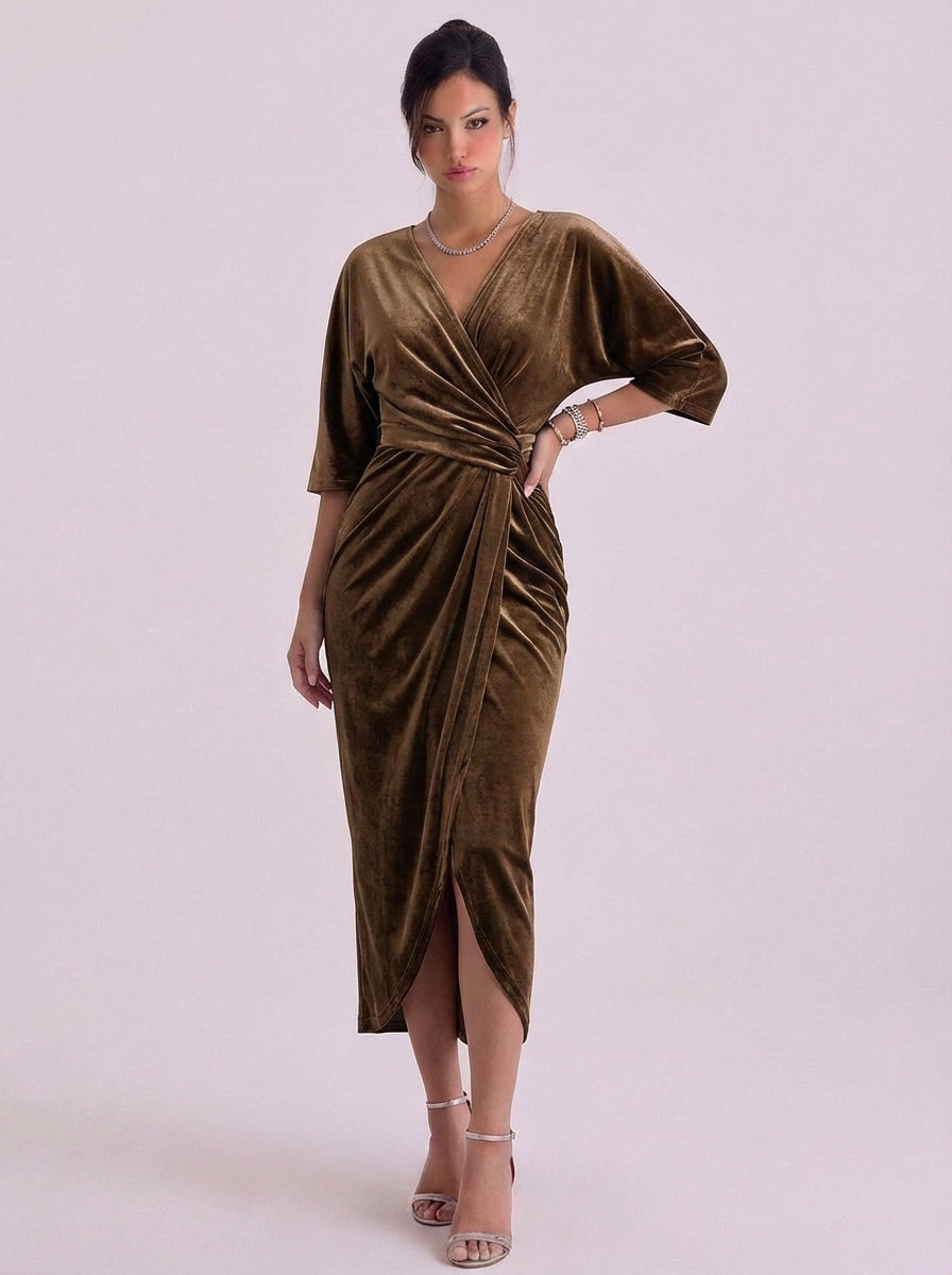 Velvet Wrap Midi Dress With Kimono
