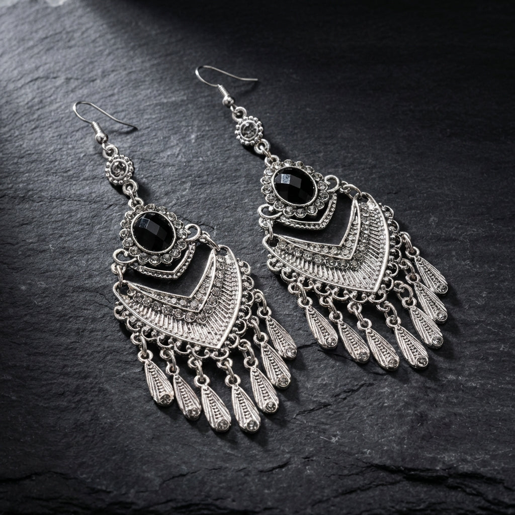 Vintage Black Rhinestone Bohemian Earrings