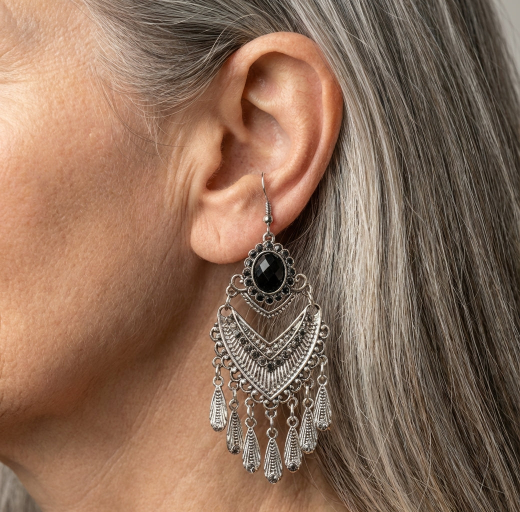 Vintage Black Rhinestone Bohemian Earrings