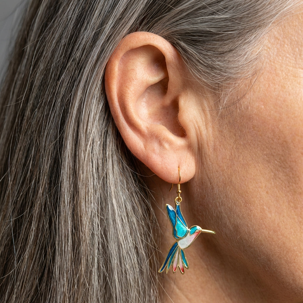 Vintage Blue Enamel Hummingbird Earrings